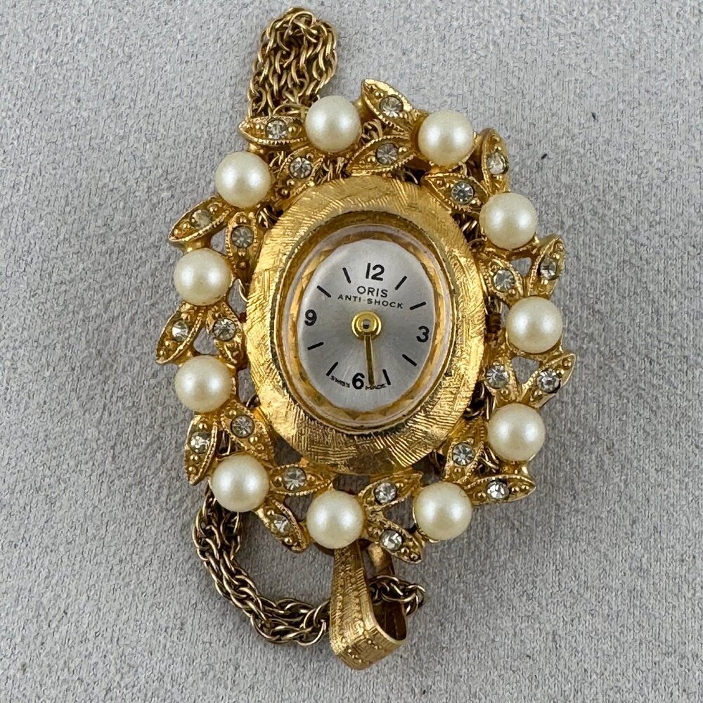 Vintage Oris Pendant Watch Gold with Cultured Pearls and Rhinestones - Picture 3 of 6